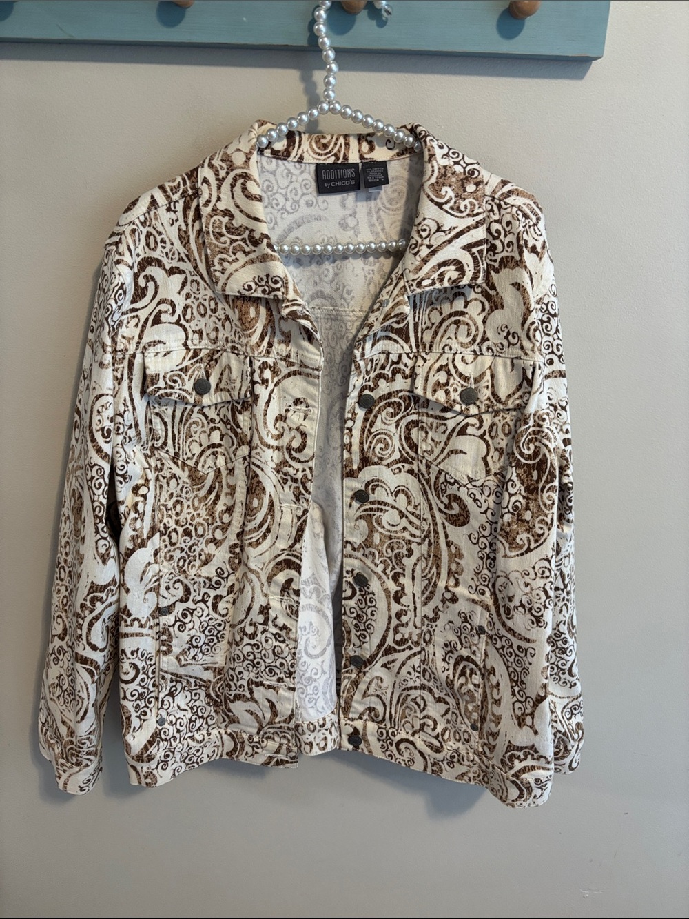 Additions by Chicos Paisley Denim Jacket Size 3 XL Brown Cream Cotton Stretch